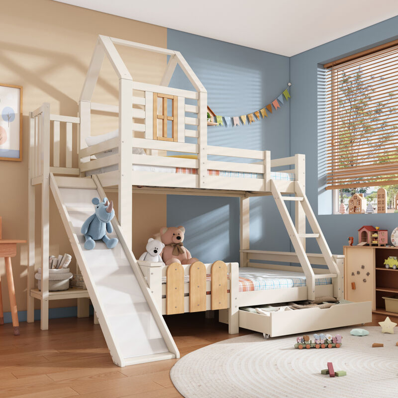 Etagenbett 90x200/140x200 cm mit Schubladen, Rutsche und Leiter, Lattenrost, Kabinendesign (Matratze nicht im Lieferumfang enthalten)