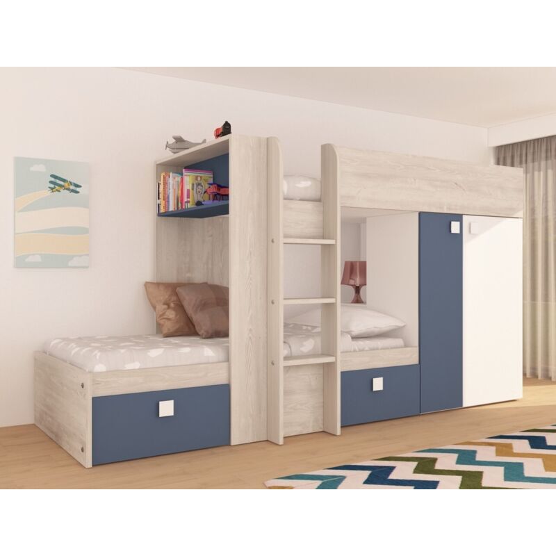 Etagenbett 285x148,2 cm mit Kleiderschrank in Rauchblau, Eiche und Mattweiß - Albenga