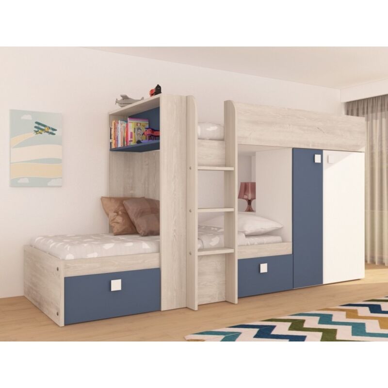 Etagenbett 285x110x150 cm Rauchblau, Eiche und Mattweiß mit Kleiderschrank und unterem Bettgestell - Albenga