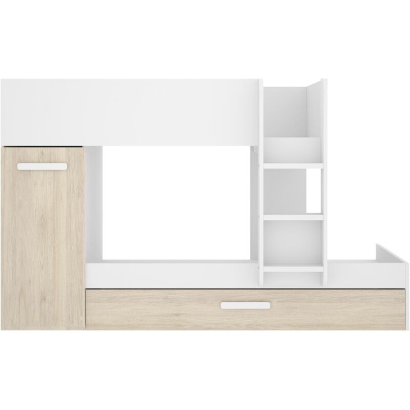 Etagenbett 244x150 cm mattweiß und Eiche natur mit Kleiderschrank - Krems