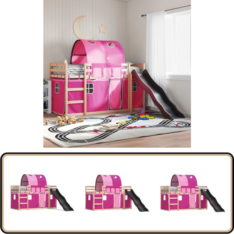 Etagenbett mit Rutsche und Gardinen Rosa 80x200 cm - Etagenbett - Hochbett - Kinderbett - Holzbett - Kiefernholz