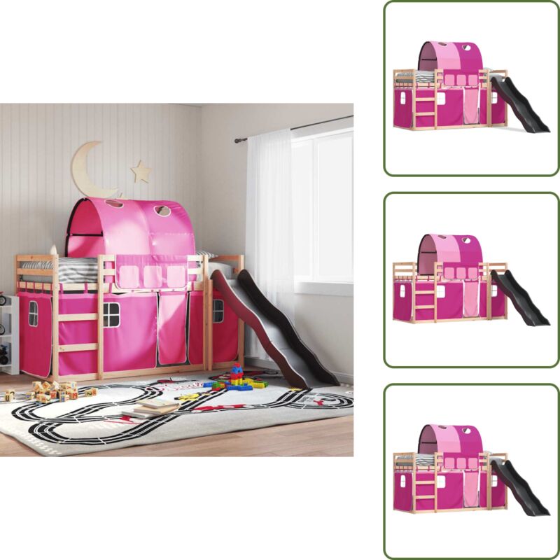 Etagenbett mit Rutsche und Gardinen Rosa 80x200 cm - Etagenbett - Hochbett - Kinderbett - Holzbett - Kiefernholz