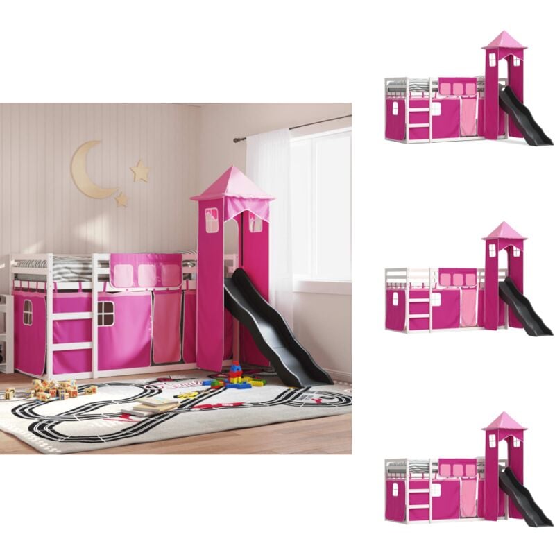 Etagenbett mit Rutsche und Gardinen Rosa 90x190 cm - Etagenbett - Hochbett - Kinderbett - Holzbetten - Kiefernholzbett