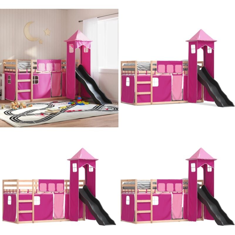 Etagenbett mit Rutsche und Gardinen Rosa 90x190 cm - Kinderhochbett - Holzbett - Etagenbett - Loftbett - Jugendzimmermöbel - Home & Living