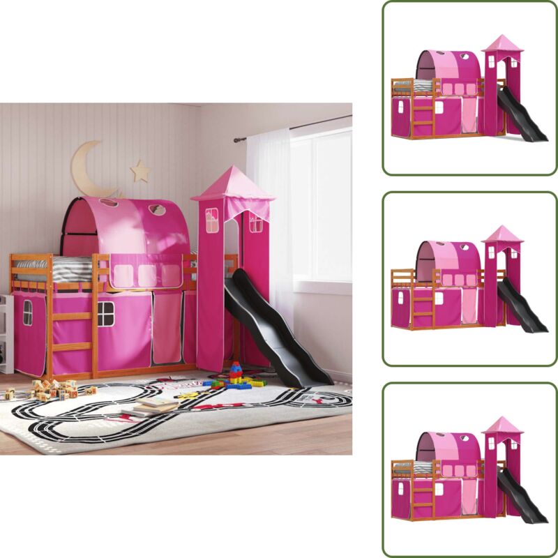 Vidaxl - Etagenbett mit Rutsche und Gardinen Rosa 90x200 cm - Etagenbett - Hochbett - Kinderbett - Holzbett - Kiefernholzbett