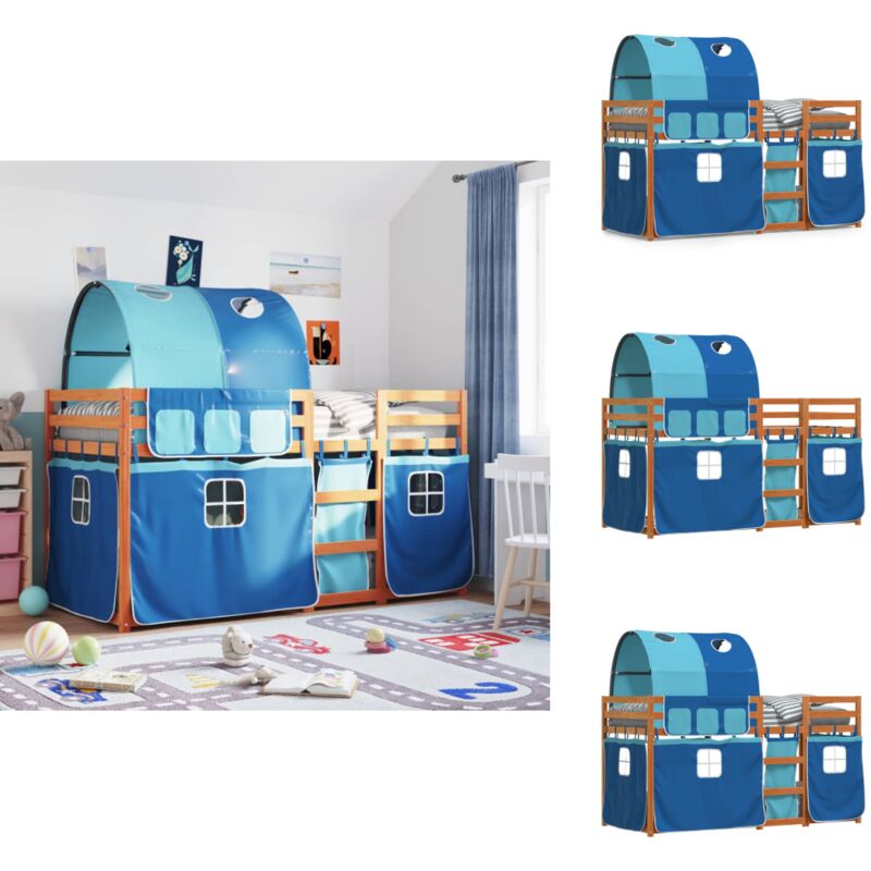 Etagenbett mit Vorhängen Blau 75x190 cm Massivholz Kiefer - Kinderzimmermöbel - Etagenbett - Hochbett - Holzbett - Kiefernholzbett