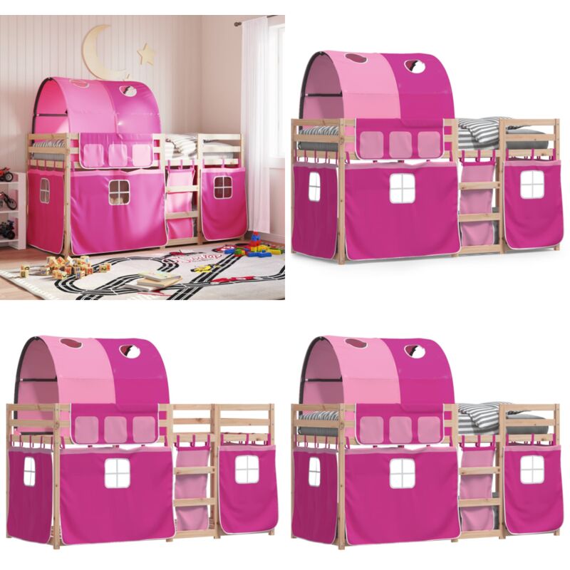 Etagenbett mit Vorhängen Rosa 80x200 cm Massivholz Kiefer - Kinderzimmermöbel - Hochbett - Etagenbett - Jugendzimmer - Holzbett - Home & Living