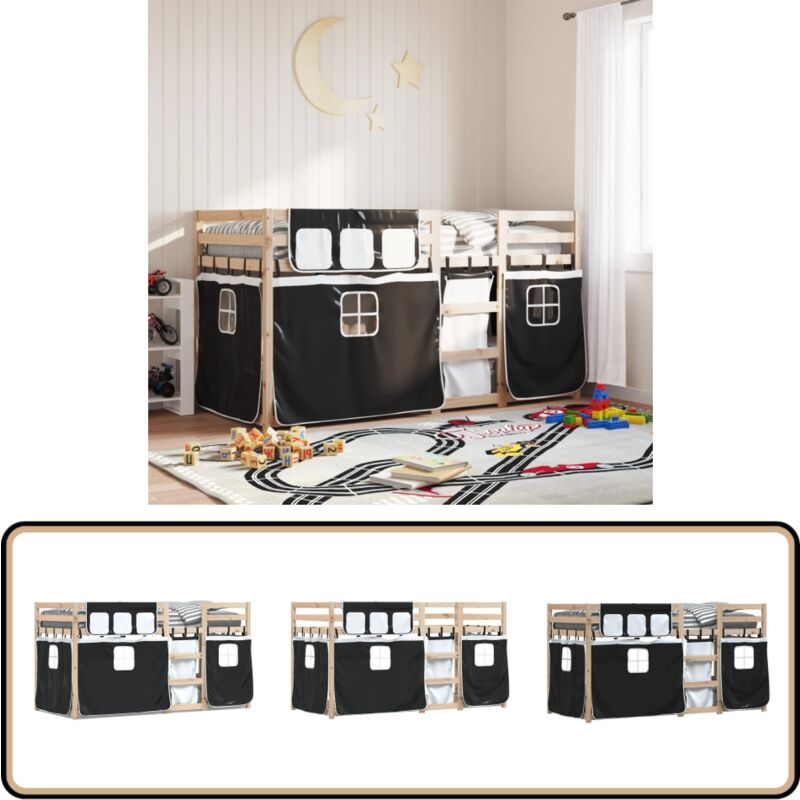 Etagenbett mit Vorhängen Weiß & Schwarz 80x200 cm Kiefernholz - Kinderzimmermöbel - Etagenbett - Hochbett - Holzbett - Kiefernholzbett