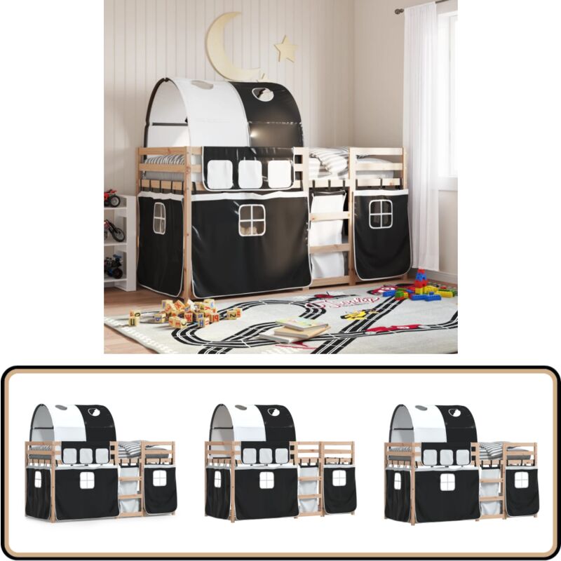 Etagenbett mit Vorhängen Weiß & Schwarz 80x200 cm Kiefernholz - Kinderzimmermöbel - Hochbett - Etagenbett - Jugendzimmer - Holzbett