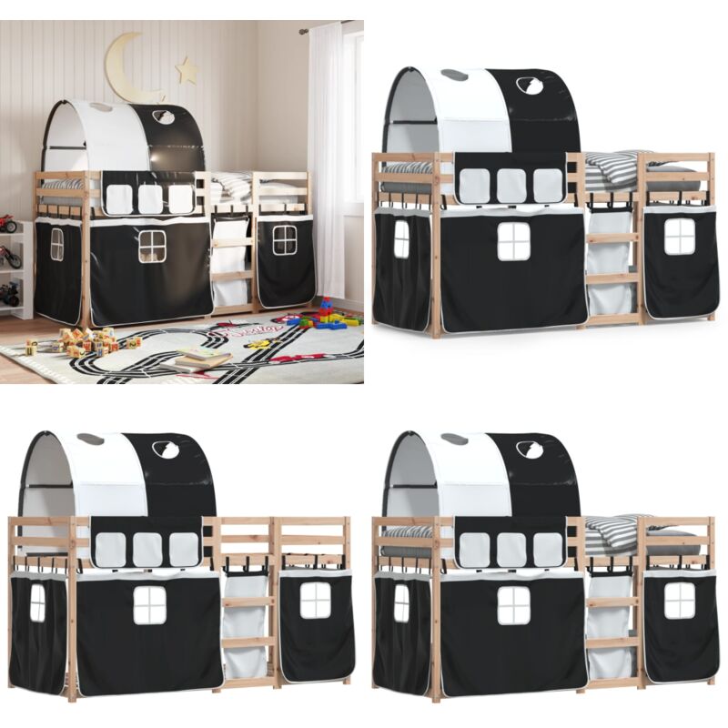Etagenbett mit Vorhängen Weiß & Schwarz 80x200 cm Kiefernholz - Kinderzimmermöbel - Hochbett - Etagenbett - Jugendzimmer - Holzbett - Home & Living