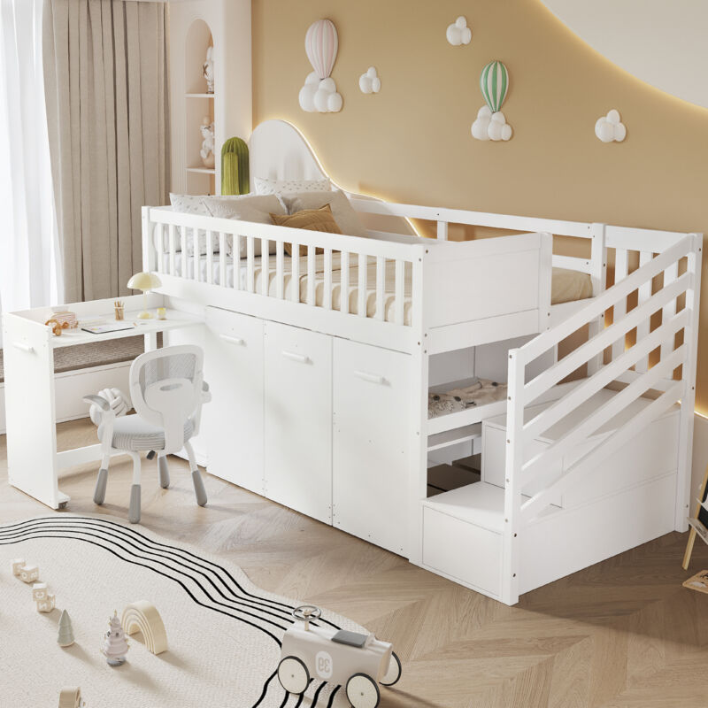 Etagenbett, Multifunktionsbett, Kinderbett mit Rausfallschutz und Gitter, mit Schreibtisch/Kleiderschrank/Schließfächern, mit 2 Schließfächern in der