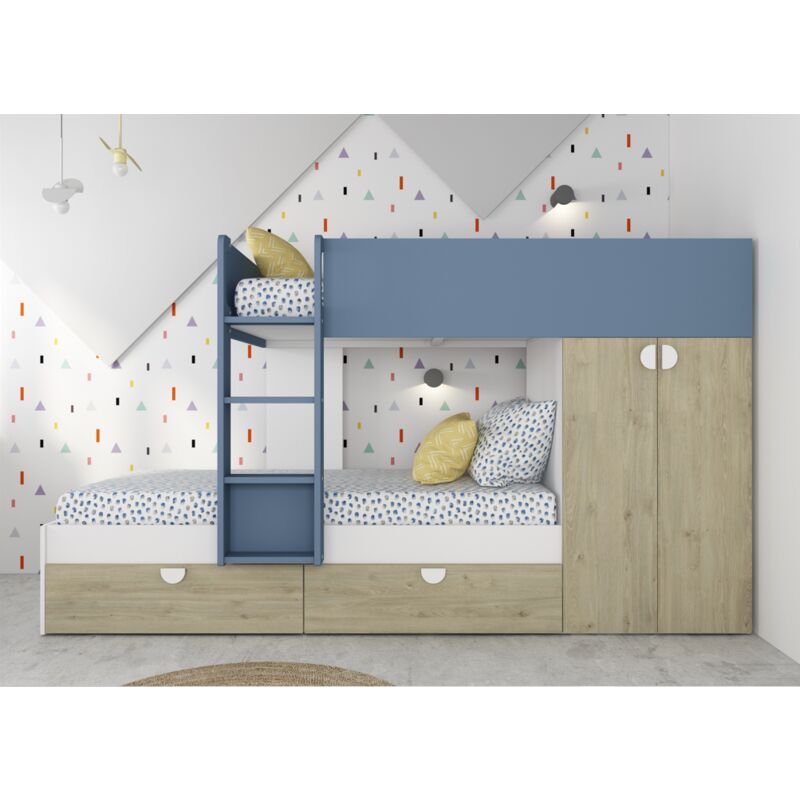 Etagenbett 263 8x107 4 cm Rauchblau Eiche und Mattweiß mit Kleiderschrank - Varazze