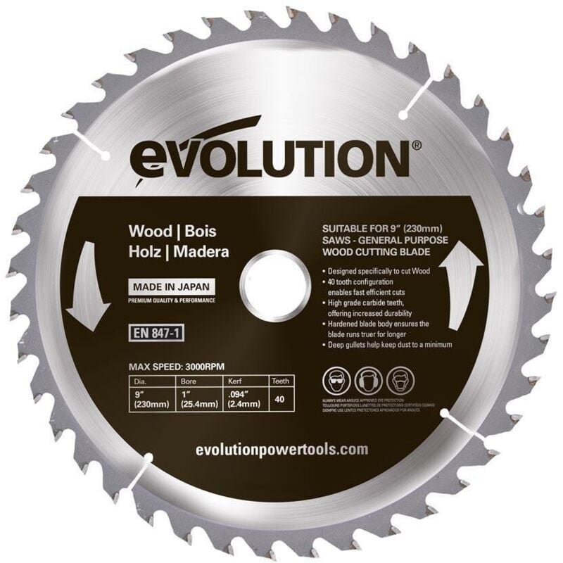 Evolution 230 mm / 40 Zähne TCT Widia-bestücktes Sägeblatt zum Holzschneiden für Kettensägen