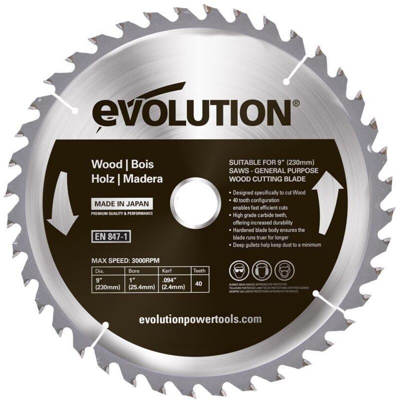 Evolution 230 mm / 40 Zähne TCT Widia-bestücktes Sägeblatt zum Holzschneiden für Kettensägen