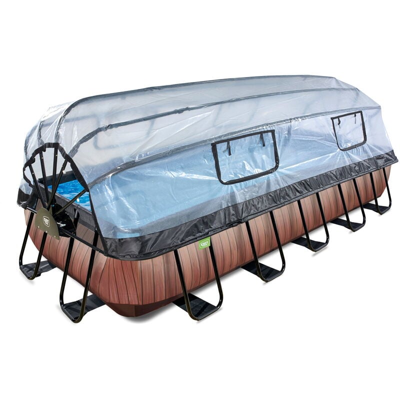EXIT Wood Pool 540x250x100cm mit Sandfilterpumpe und Abdeckung und Wärmepumpe - braun