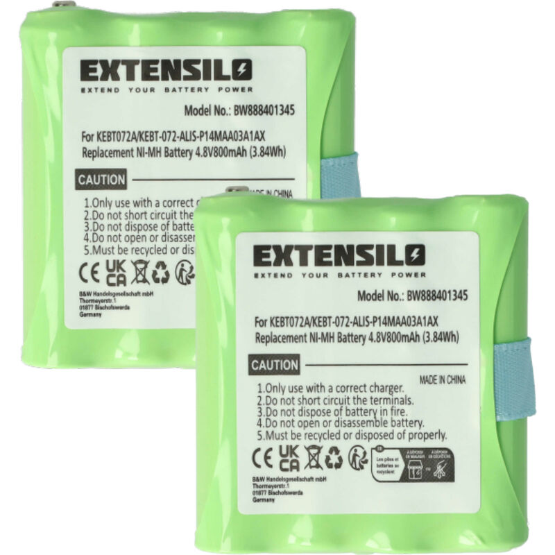 Extensilo - 2x Akku Ersatz für Midland BATT-4R, BATT4R, KEBT-072-A, KEBT072A für Funkgerät, Walkie Talkie (800mAh, 4,8V, NiMH)