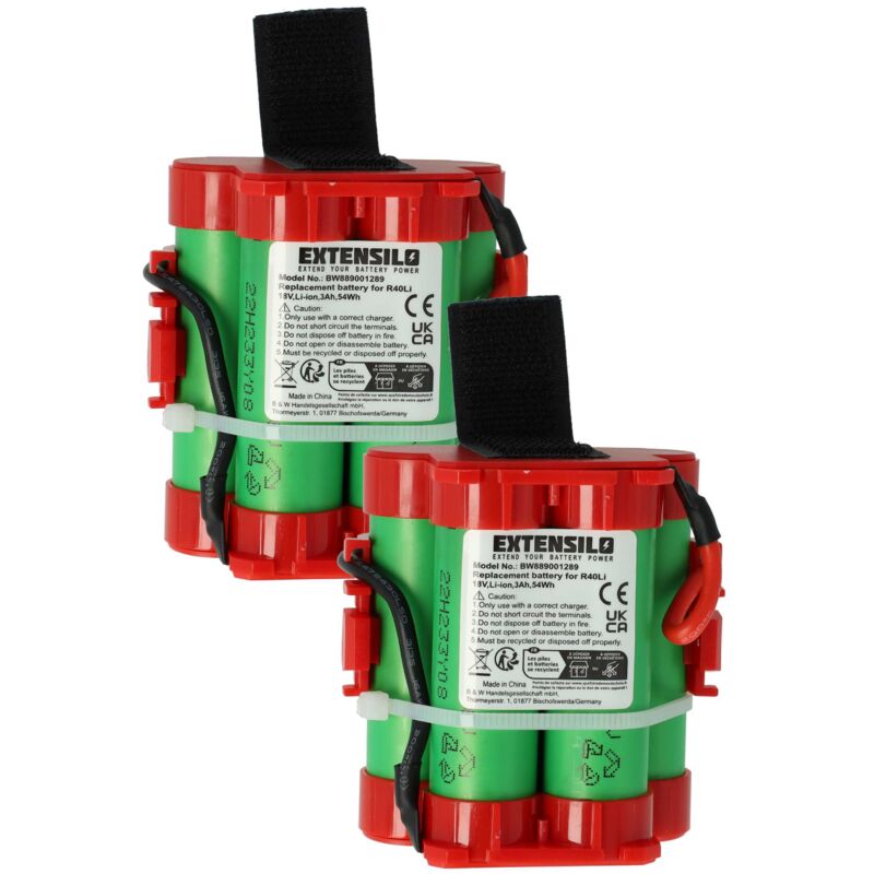 Extensilo - 2x Akku kompatibel mit McCulloch rob R1000 2017, rob R1000 2019, rob R1000 2018, rob R600 2017 Rasenmäher (3000mAh, 18V, Li-Ion)