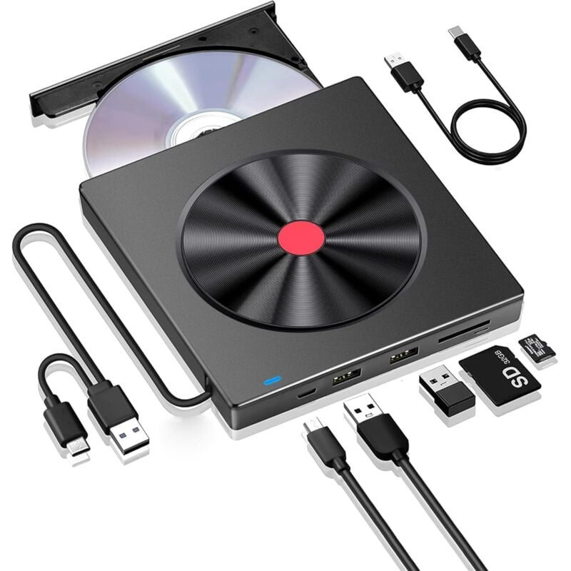 Externer CD/DVD-Brenner, USB 3.0 & Typ-C Externes CD/DVD-Laufwerk, SD-TF-Kartenleser, externes Diskettenlaufwerk für PC/Laptop/Desktop/Windows 11/10/8