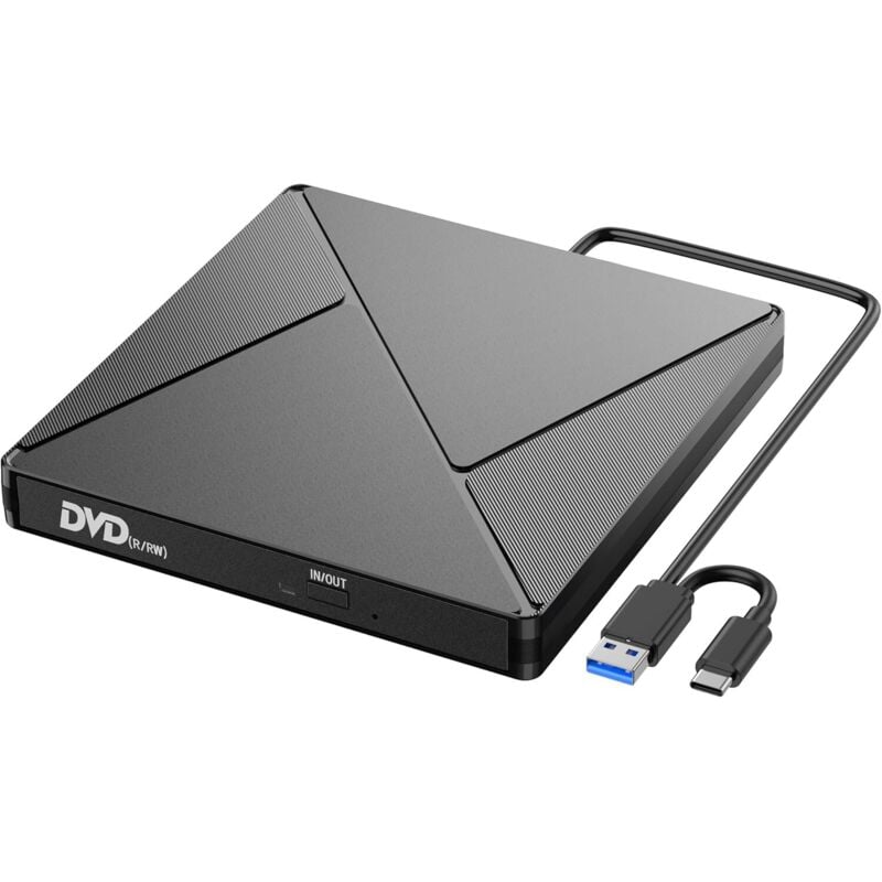 Externer CD/DVD-Brenner, USB 3.0 & USB-C, tragbarer CD/DVD/RW/ROM-Brenner, stabil, für PC/Laptop/Windows 11/10/8/7/XP/Vista/Linux/MacOS