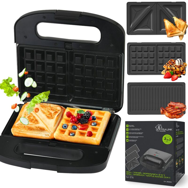 Extralink Sandwichmaker 3 en 1 Toaster, Grill und Waffeleisen mit austauschbaren Platten, Waffeleisen 3 en 1 de 1000W, Antihaftbeschichtung, einfache