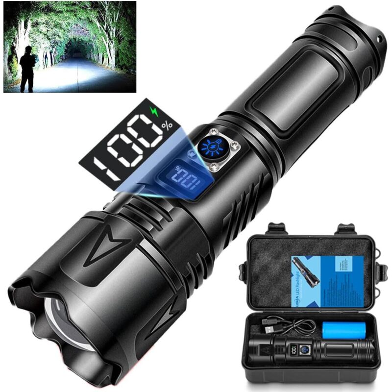 Extrem leistungsstarke Taschenlampe, USB-C-wiederaufladbar, 100.000 Lumen LED-Taschenlampe, IP65 wasserdichte taktische Taschenlampe, 5 Modi Zoombar