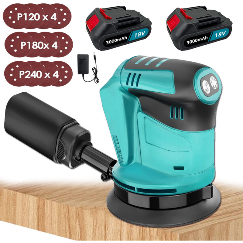 Teetok - Exzenterschleifer,Akku-Exzenterschleifer,Bürstenlos,Exzenterschleifer Poliermaschine 18 v Ø125 mm mit Staubbeutel und 4 Scheiben + 2 x 3000