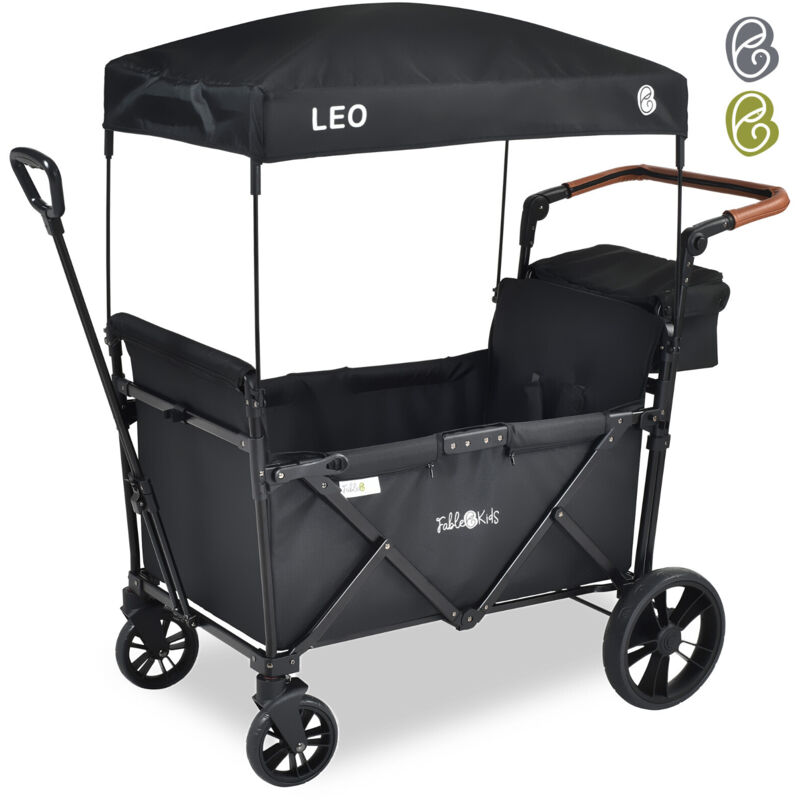 Arebos - FableKids Bollerwagen Leo X2Lite mit Dach in Onyx Schwarz, faltbarer Transportwagen mit 2 Sitzplätzen, Hecktasche, 5-Punkt-Gurt, 360°