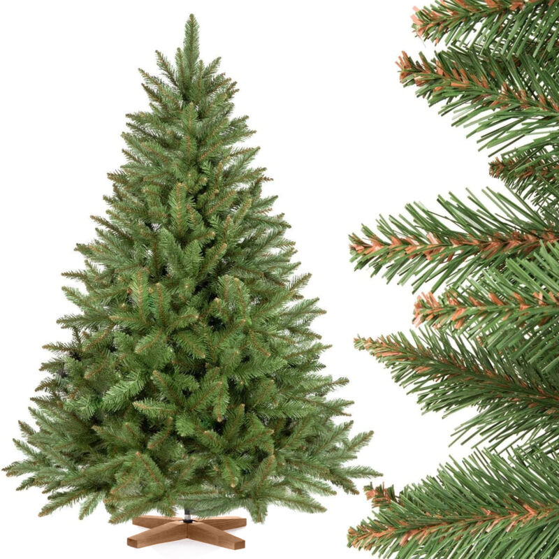 Fairytrees - Künstlicher Weihnachtsbaum Fichte Natur, mit grünem Stamm und Echtholz Baumständer