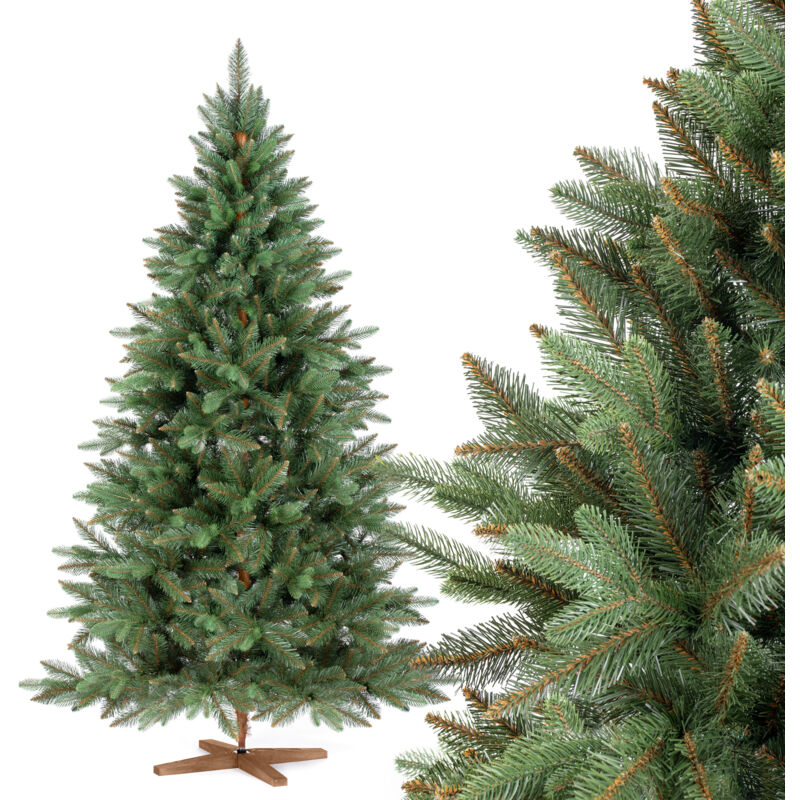 Fairytrees - Künstlicher Weihnachtsbaum Nordmanntanne Premium, mit braunem Stamm und Echtholz Baumständer