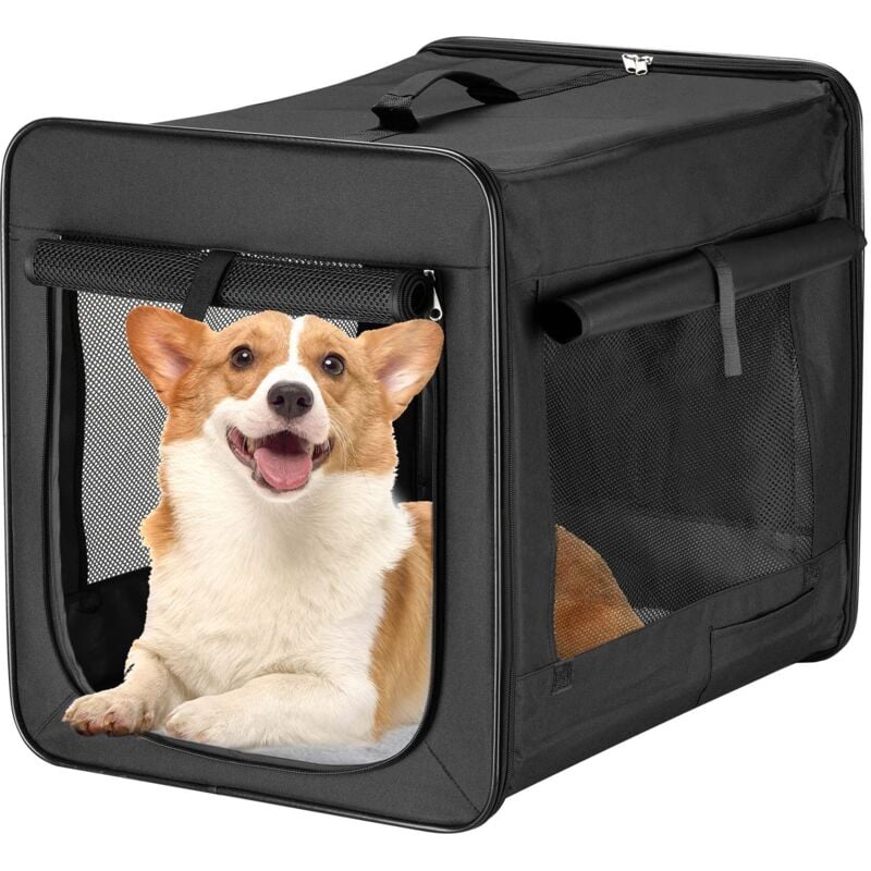 Wiltec Faltbare Transportbox für Hunde, Katzen m (58x46x53 cm), robust, leicht, sicher, Hundebox mit entnehmbarem Kissen, Schwarz