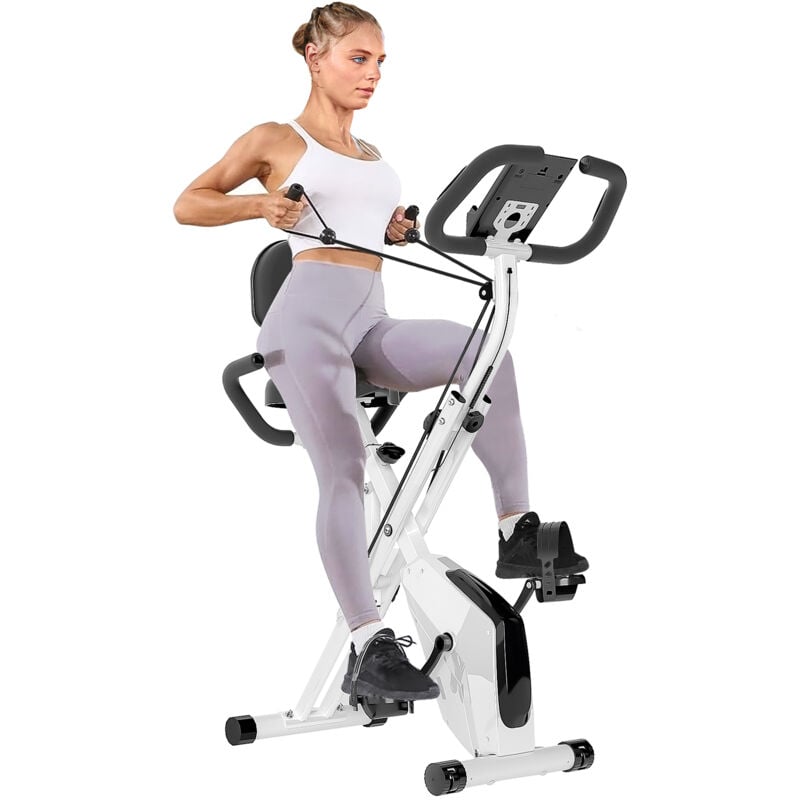 Faltbarer Heimtrainer – Heimtrainer mit LCD-Monitor und manueller Pulsmessung – 8 magnetische Widerstandsstufen – Max. Belastung 150 kg – Weiß