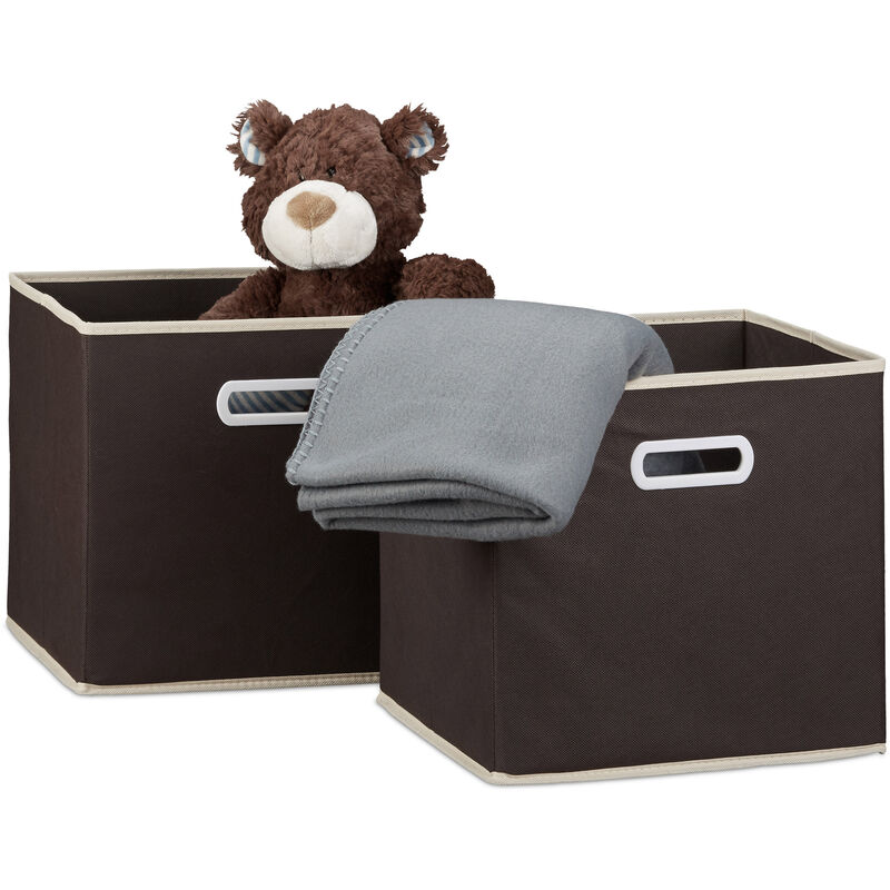 Relaxdays - Faltbox 2er Set, mit Griff, quadratisch, 30 x 30 cm, Stoff Aufbewahrungsbox ohne Deckel, Regalbox, braun
