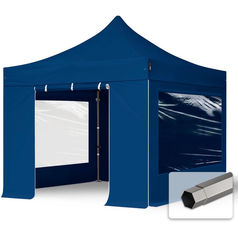 3x3 m Faltpavillon, premium Stahl 40mm, Seitenteile mit Panoramafenstern, blau