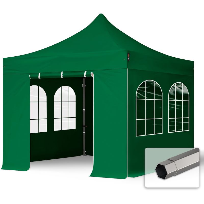 3x3 m Faltpavillon, premium Stahl 40mm, Seitenteile mit Sprossenfenstern, dunkelgrün