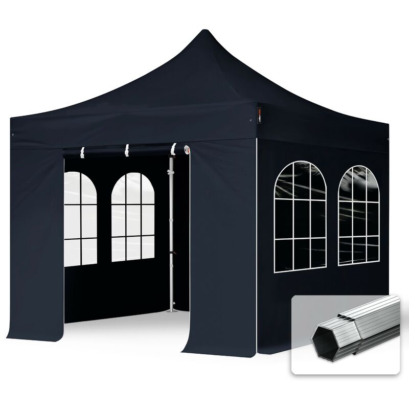 3x3 m Faltpavillon, professional Alu 40mm, Seitenteile mit Sprossenfenstern, schwarz