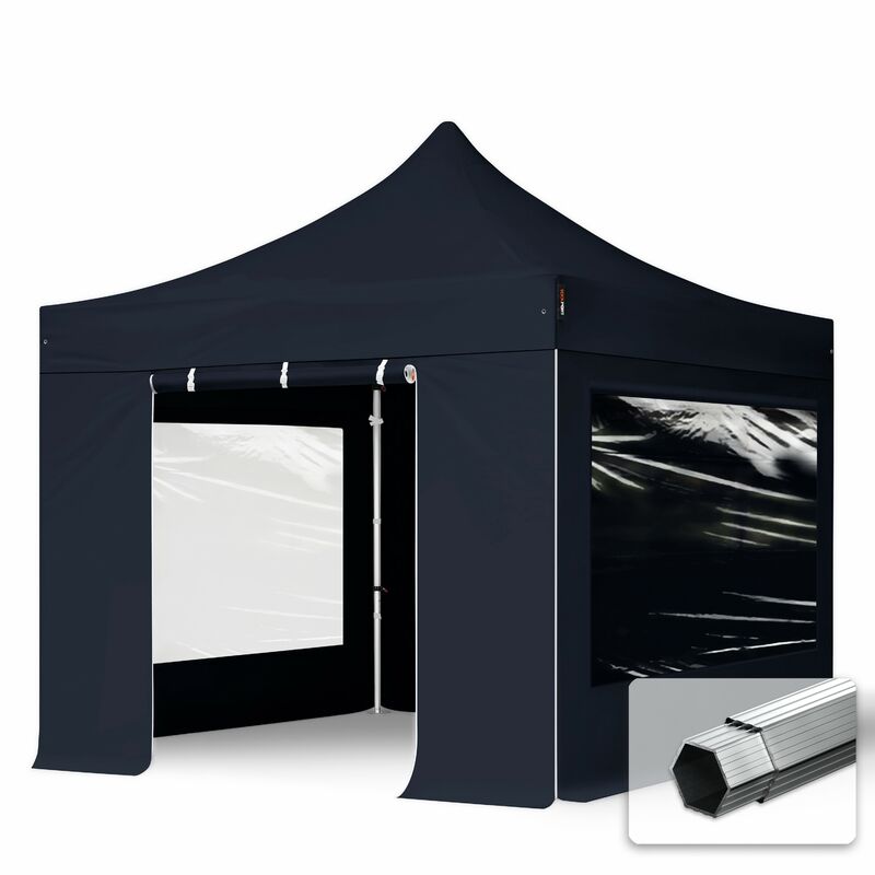 3x3 m Faltpavillon, professional Alu 40mm, Seitenteile mit Panoramafenstern, schwarz