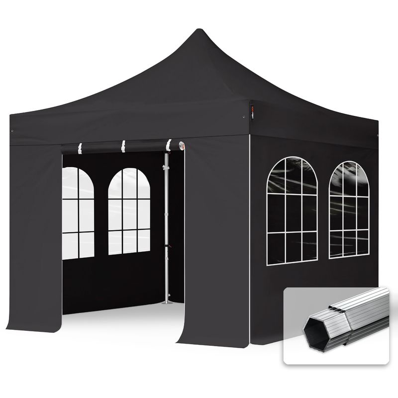 3x3 m Faltpavillon professional Alu 40mm, Seitenteile mit Sprossenfenstern, dunkelgrau