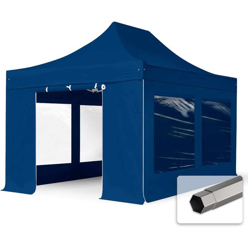 3x4,5 m Faltpavillon, premium Stahl 40mm, Seitenteile mit Panoramafenstern, blau