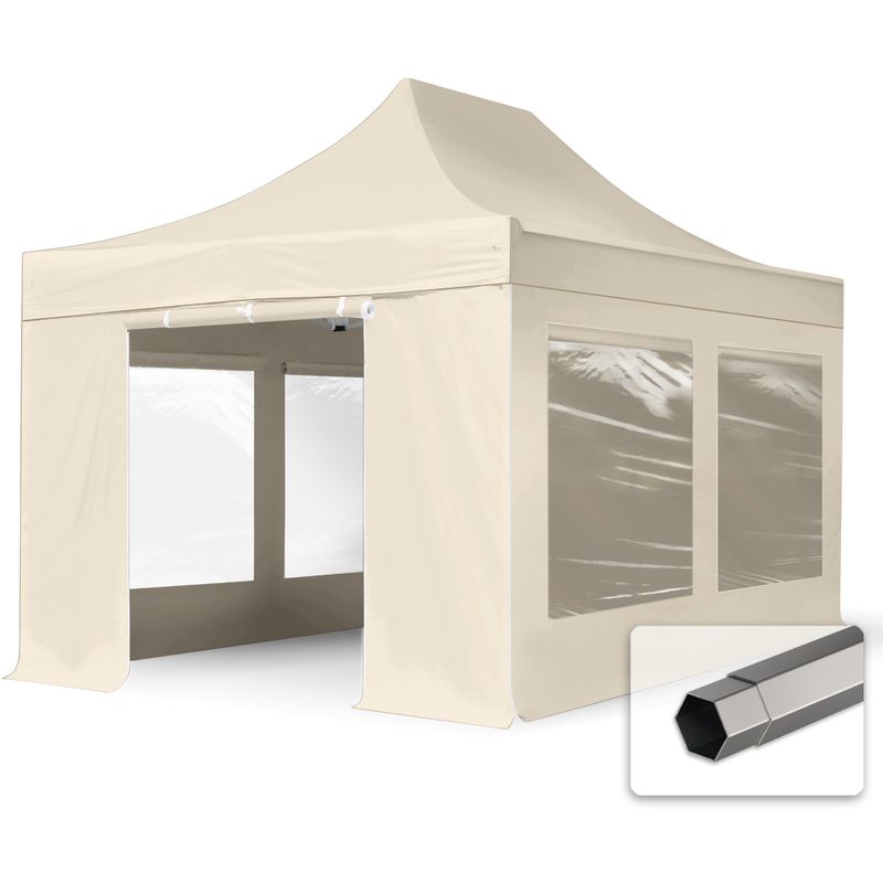 3x4,5 m Faltpavillon, premium Stahl 40mm, Seitenteile mit Panoramafenstern, creme
