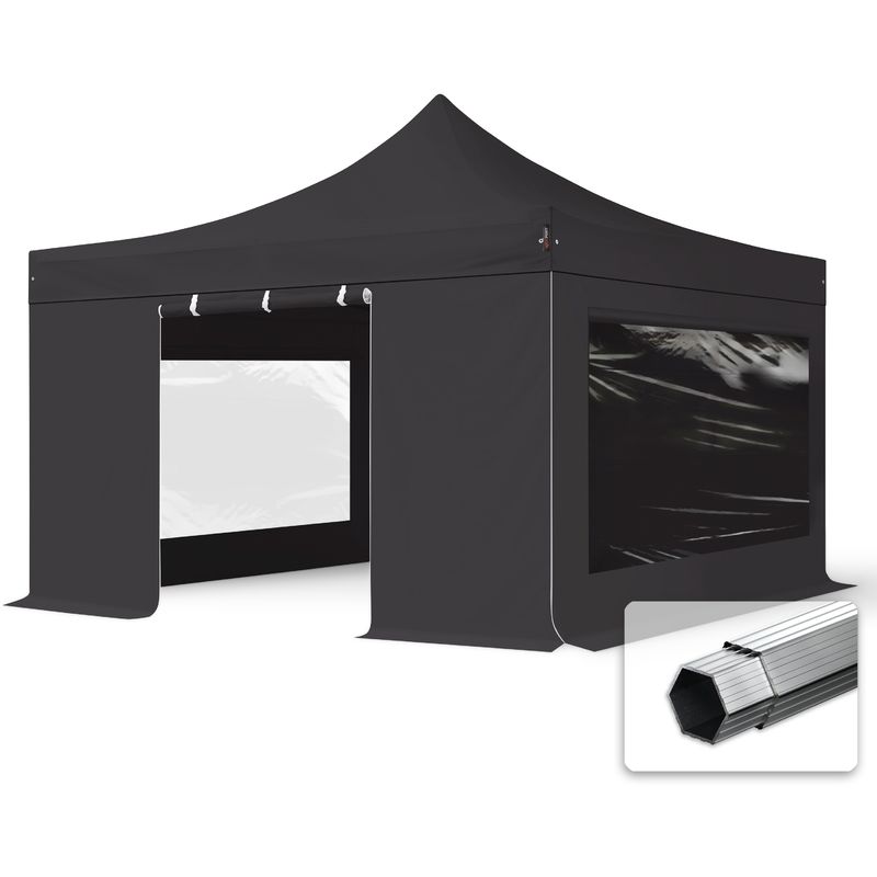 4x4 m Faltpavillon professional Alu 40mm, Seitenteile mit Panoramafenstern, schwarz