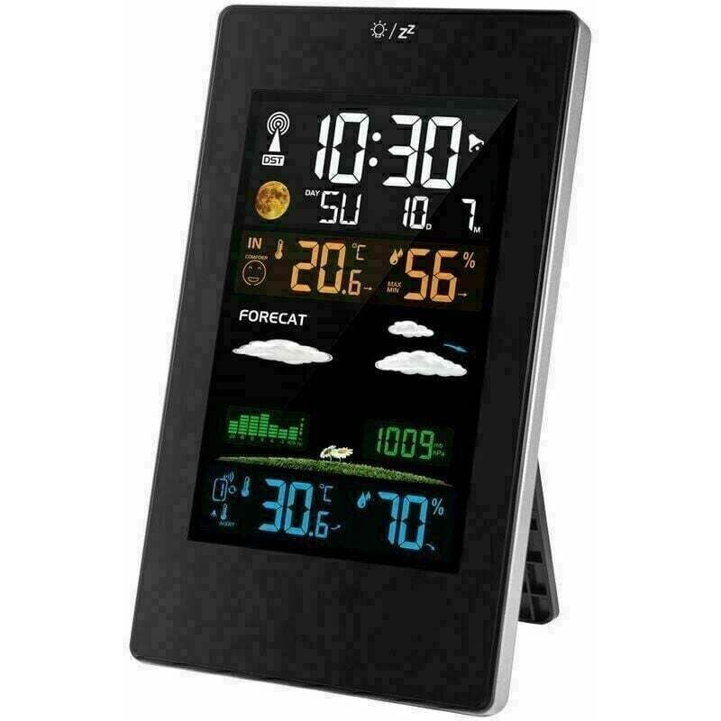 Farbige Funk-Wetterstation mit Außensensor, Innen- und Außen-Hygrometer-Thermometer, multifunktionale Wetterstation mit Mondphasen-Wettervorhersage