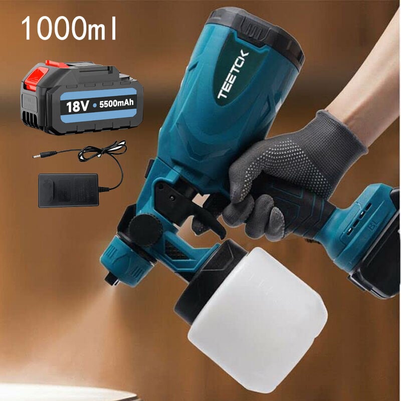 Farbspritzpistole, 1000-ml-Akku-Spritzpistole, hvlp Airless-Elektrozaun-Wandfarbspritzgerät + 5,5-A-Akku + Ladegerät, kompatibel mit Makita-Akku.