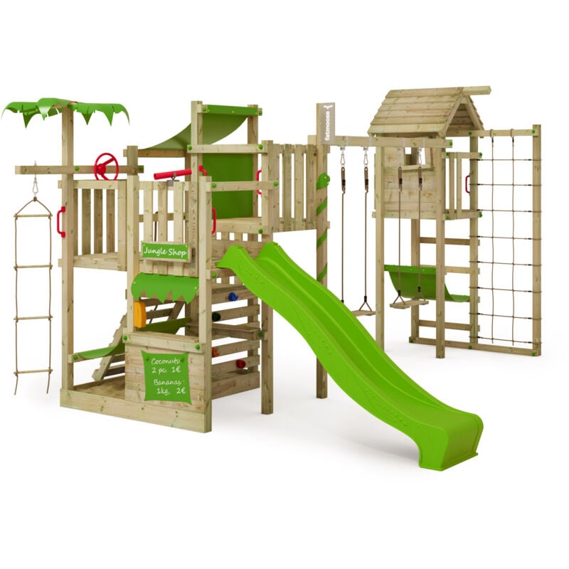 FATMOOSE Spielturm CrazyCoconut Club XXL mit Turmanbau, Sandkasten und Rutsche - Apfelgrün