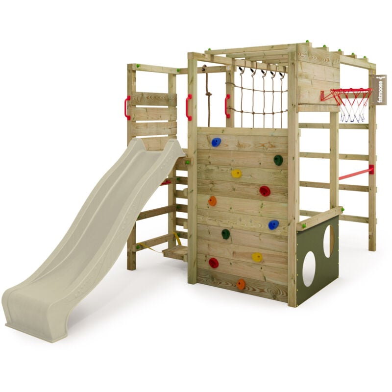 FATMOOSE Klettergerüst Spielturm ActionArena mit Rutsche, Gartenspielgerät mit Leiter & Spiel-Zubehör - Salbeigrün