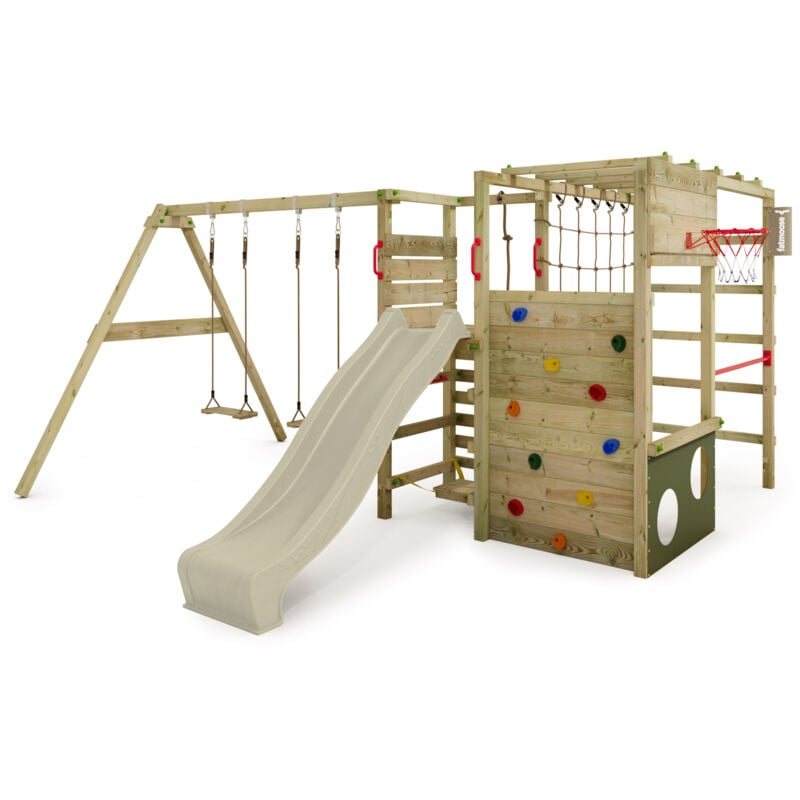Klettergerüst Spielturm ActionArena mit Schaukel & Rutsche, Gartenspielgerät mit Leiter & Spiel-Zubehör – Salbeigrün - Fatmoose