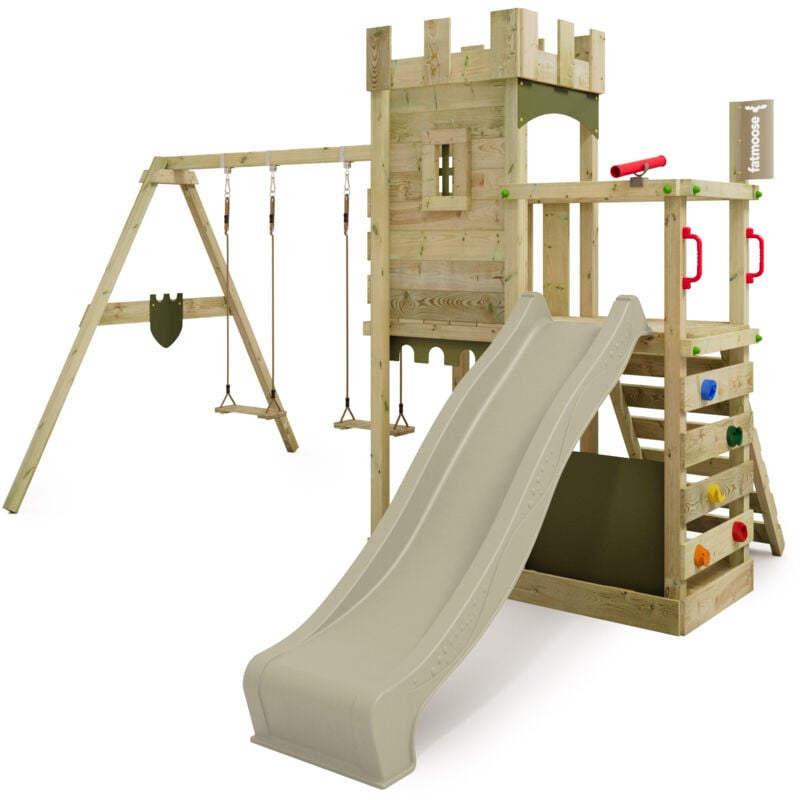 Spielturm Ritterburg BoldBaron mit Schaukel & Sandkasten, 10-jährige Garantie, Integrierter Sandkasten – Salbeigrün - Fatmoose