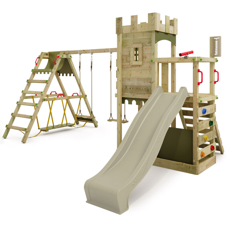 Spielturm Ritterburg BoldBaron mit Schaukel SurfSwing, 10-jährige Garantie, Integrierter Sandkasten – Salbeigrün - Fatmoose