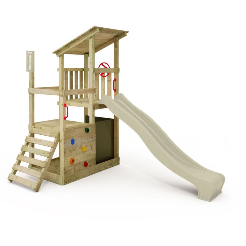 Spielturm Klettergerüst FruityForest mit Rutsche, Kletterturm mit Sandkasten, Leiter & Spiel-Zubehör – Salbeigrün - Fatmoose
