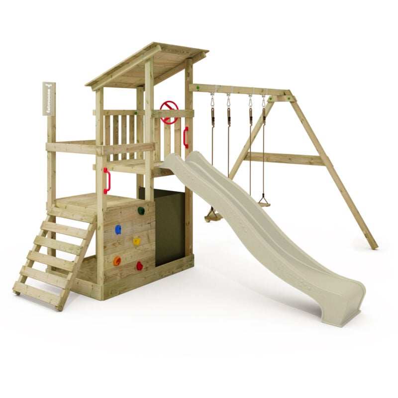 Spielturm Klettergerüst FruityForest mit Schaukel & Rutsche, Kletterturm mit Sandkasten, Leiter & Spiel-Zubehör – Salbeigrün - Fatmoose