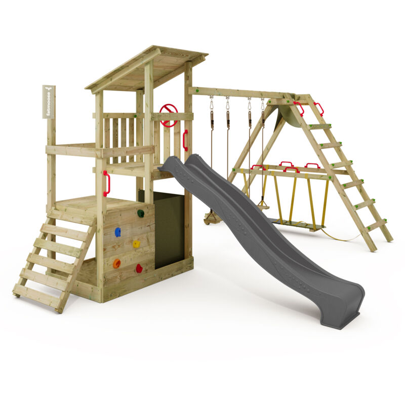 Spielturm Klettergerüst FruityForest mit SurfSwing & Rutsche, Kletterturm mit Sandkasten, Leiter & Spiel-Zubehör – Anthrazit - Fatmoose